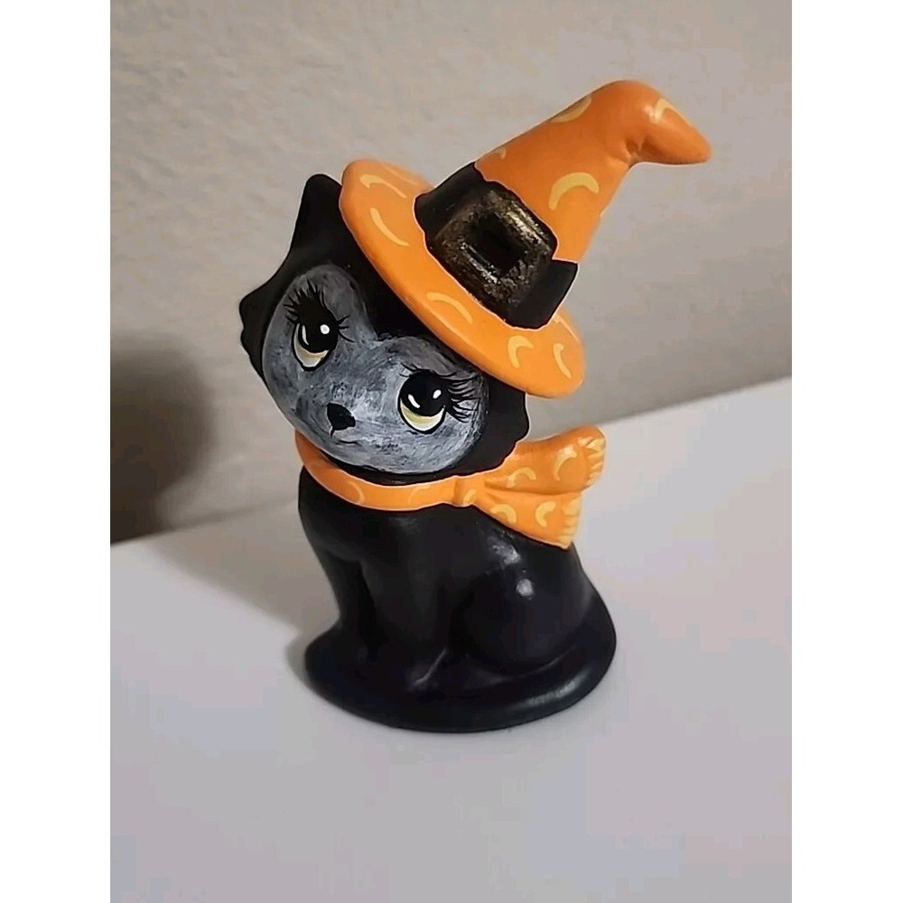 Vintage Ceramic Lefton ? Halloween Black Cat 3.5"‎ Figurine Witch Repainted
